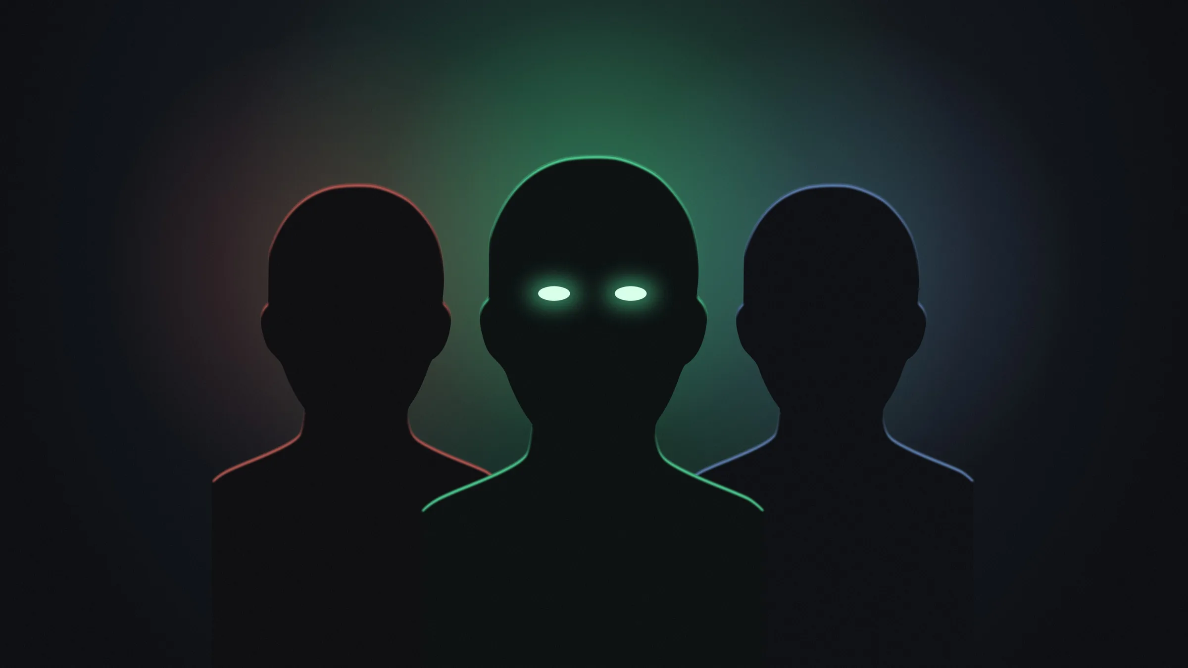 Three dark busts lit red, green and blue; only the green one in the middle has glowing eyes.