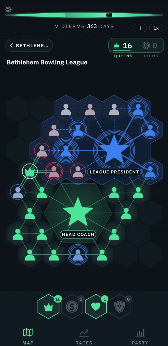 A hex board of people, some green.